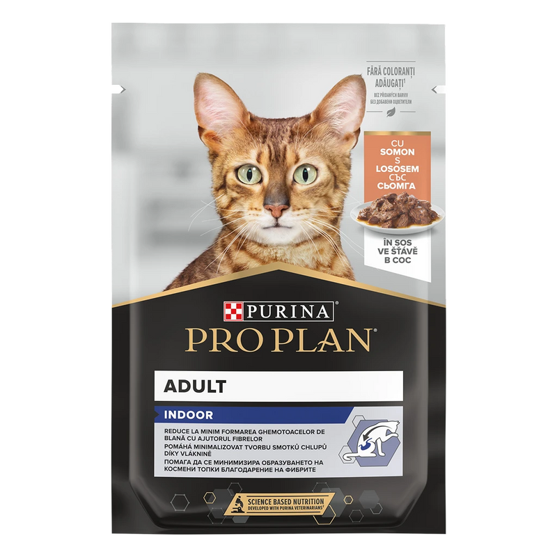 Purina Pro Plan Indoor - Мокра храна за котки в зряла възраст на закрито със сьомга, пауч 85 g