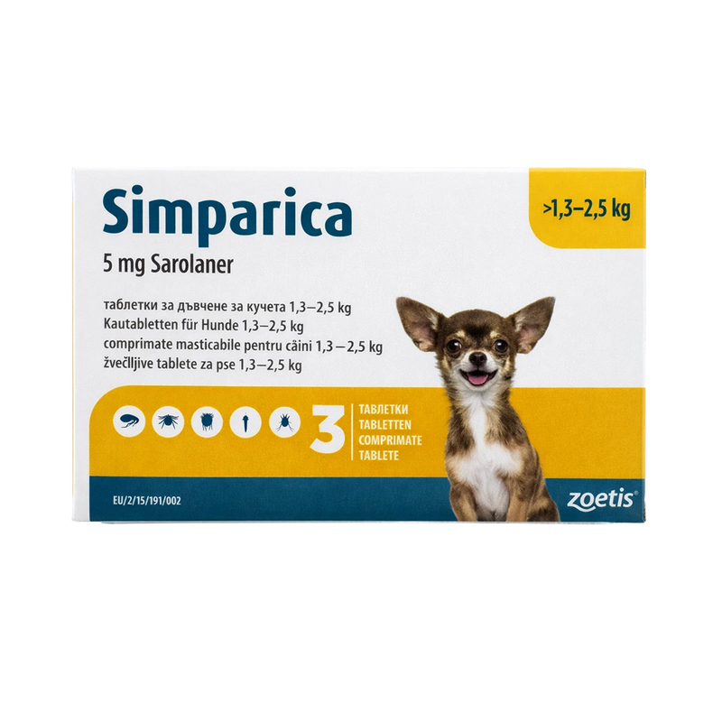 Simparica - таблетки срещу бълхи и кърлежи за кучета 1.3-2.5 кг