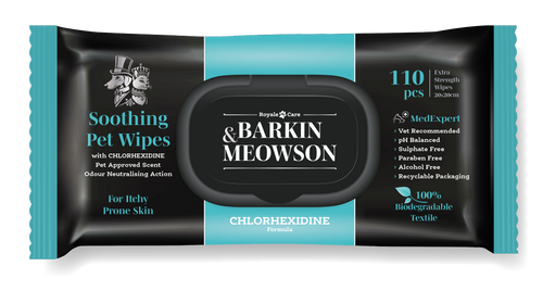 Barkin & Meowsen успокояващи мокри кърпи за кучета и котки с Chlorhexidine 110бр.