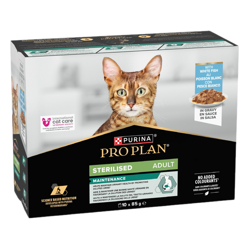 Pro Plan Adult Sterilised White Fish in Gravy - пауч за кастрирани котки с бяла риба 10х85г
