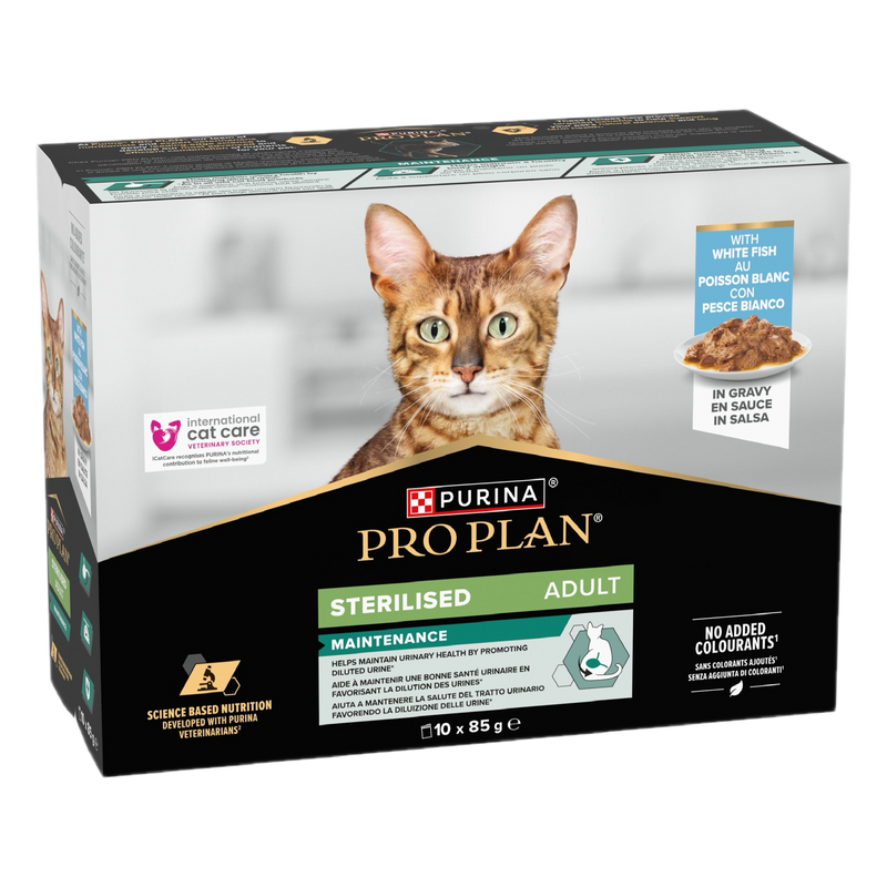 Pro Plan Adult Sterilised White Fish in Gravy - пауч за кастрирани котки с бяла риба 10х85г