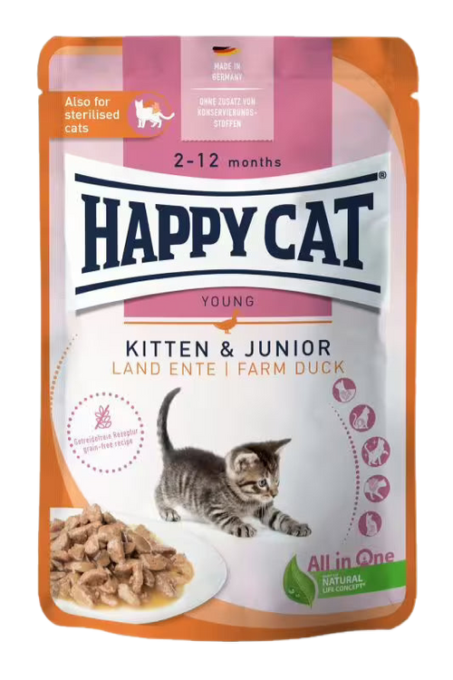 Happy Cat Kitten & Junior Farm Duck - пауч за котенца