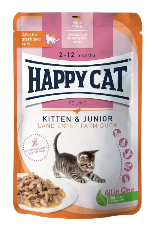 Happy Cat Kitten & Junior Farm Duck - пауч за котенца