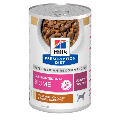 Hill’s PRESCRIPTION DIET Gastrointestinal Biome Stew - лечебна мокра храна за кучета с храносмилателни разстройства, запек, колит – консерва задушено пилешко с моркови