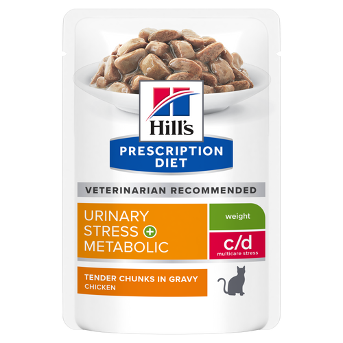 Hill's PRESCRIPTION DIET c/d Metabolic + Urinary Stress Pouch - лечебна мокра храна за котки с наднормено тегло и уринарни проблеми или идиопатичен цистит – пауч с пилешко
