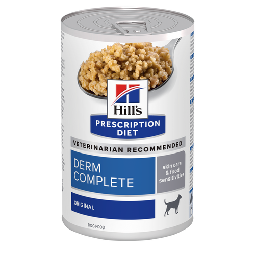 Hill's PRESCRIPTION DIET Derm Complete - лечебна мокра храна за кучета с хранителни алергии и алергии от околната среда, с ориз и яйца, консерва