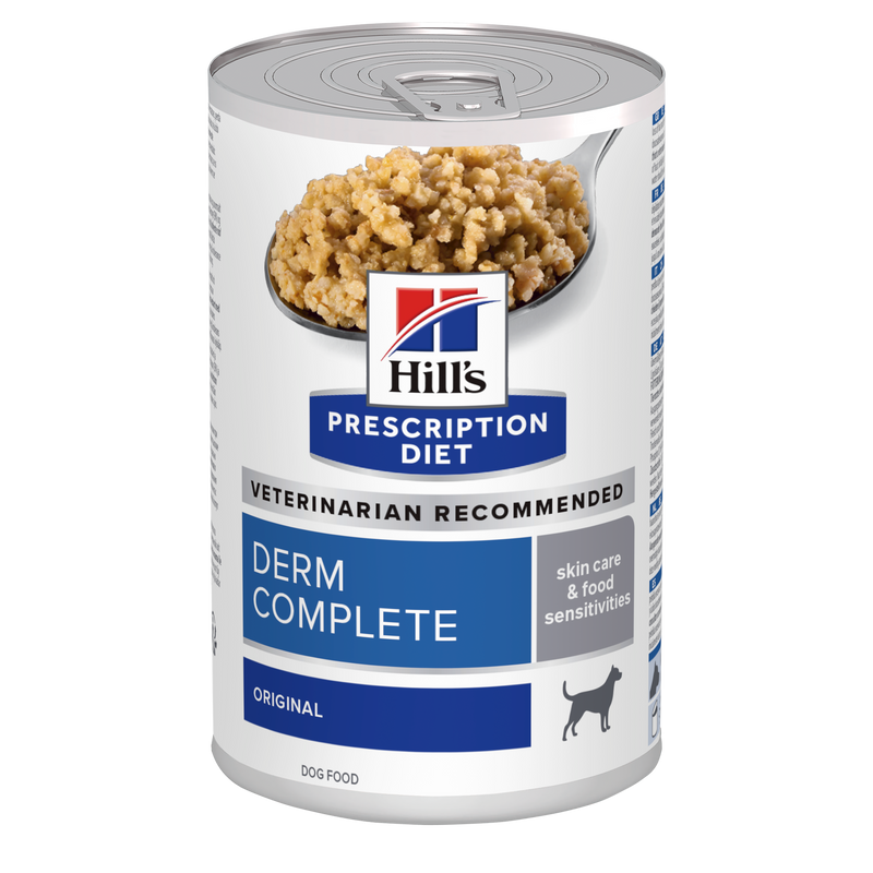 Hill's PRESCRIPTION DIET Derm Complete - лечебна мокра храна за кучета с хранителни алергии и алергии от околната среда, с ориз и яйца, консерва