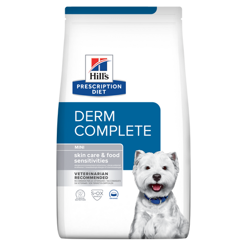 Hill's PRESCRIPTION DIET Derm Complete Mini - лечебна суха храна за кучета с хранителни алергии и алергии от околната среда, за мини породи до 10 кг, с ориз и яйца