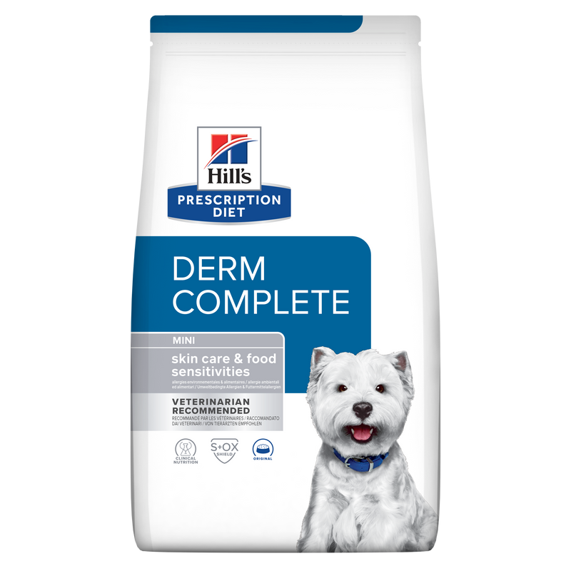 Hill's PRESCRIPTION DIET Derm Complete Mini - лечебна суха храна за кучета с хранителни алергии и алергии от околната среда, за мини породи до 10 кг, с ориз и яйца