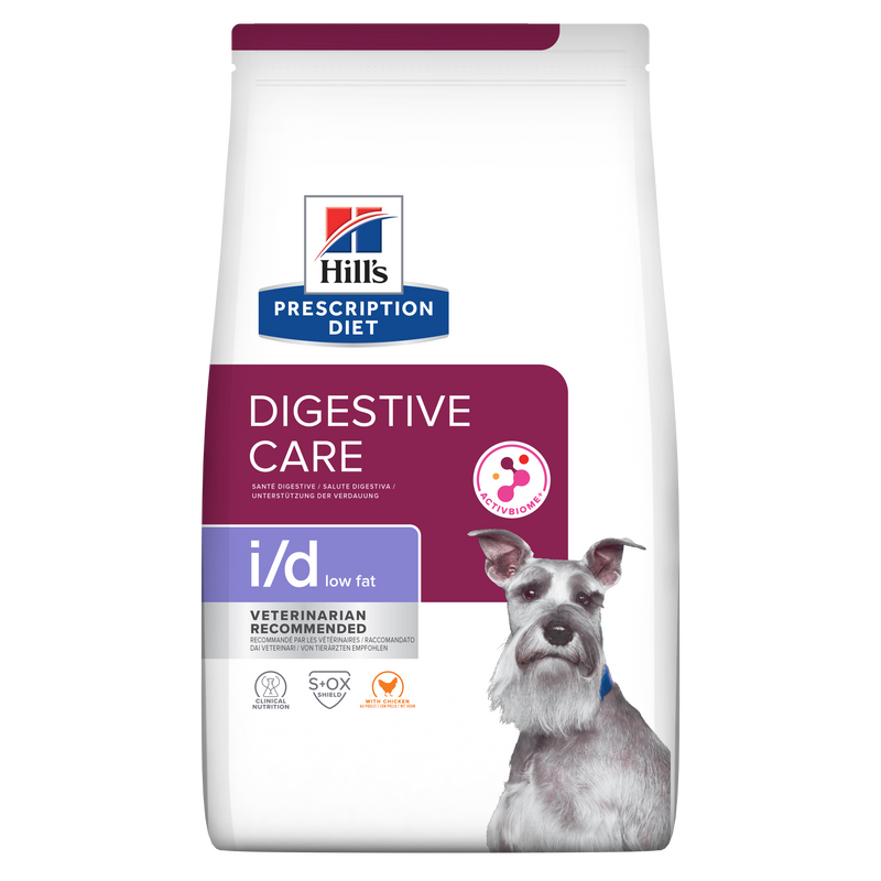 Hill's PRESCRIPTION DIET i/d Low Fat AB+ - лечебна суха храна за кучета с храносмилателни разстройства, панкреатит или състояния, изискващи ниски нива на мазнини, с пилешко