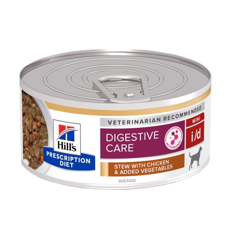 Hill's PRESCRIPTION DIET i/d Low Fat AB+ Stew - лечебна мокра храна за кучета с храносмилателни разстройства, панкреатит или състояния, изискващи ниски нива на мазнини – консерва задушено пилешко със зеленчуци