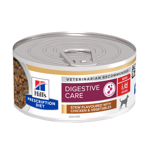 Hill's PRESCRIPTION DIET i/d Stress Mini AB+ Stew - лечебна мокра храна за кучета от дребни породи с храносмилателни разстройства и стресов колит, консерва задушено пилешко със зеленчуци