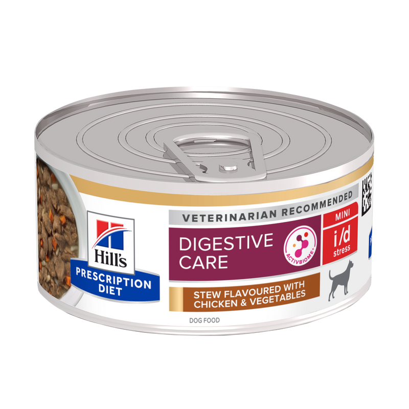 Hill's PRESCRIPTION DIET i/d Stress Mini AB+ Stew - лечебна мокра храна за кучета от дребни породи с храносмилателни разстройства и стресов колит, консерва задушено пилешко със зеленчуци