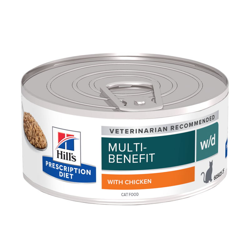 Hill's PRESCRIPTION DIET w/d Multi-Benefit - лечебна мокра храна за котки с диабет, за регулиране на кръвната захар, теглото и храносмилането, консерва с пилешко