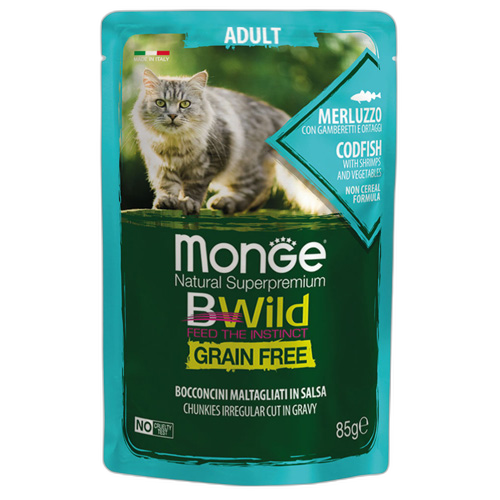 Monge Natural Superpremium BWild Grain Free Adult Cat Codfish with shrimps and vegetables