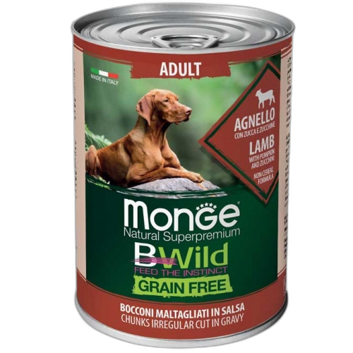 Monge BWILD Grain Free – Lamb with Pumpkin and Zucchini – AdultКонсерва без зърно – Неправилно нарязани хапки в сос – Агнешко с тиква и тиквички – за кучета в зряла възраст от всички породи