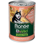 Monge BWILD Grain Free – Salmon with Pumpkin and Zucchini – AdultКонсерва без зърно – Неправилно нарязани хапки в сос – Сьомга с тиква и тиквички – за кучета в зряла възраст от всички породи.
