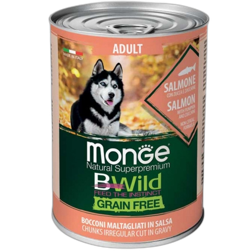 Monge BWILD Grain Free – Salmon with Pumpkin and Zucchini – AdultКонсерва без зърно – Неправилно нарязани хапки в сос – Сьомга с тиква и тиквички – за кучета в зряла възраст от всички породи.