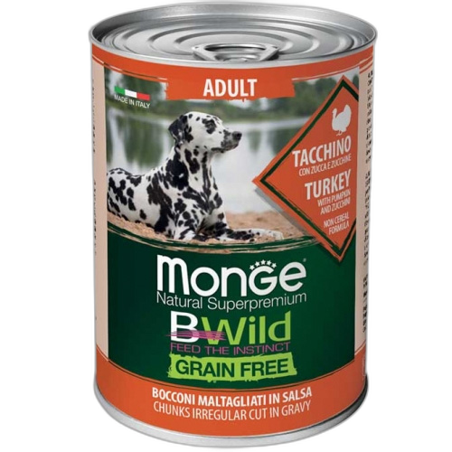 Monge BWILD Grain Free – Turkey with Pumpkin and Zucchini – AdultКонсерва без зърно – Неправилно нарязани хапки в сос – Пуешко с тиква и тиквички – за кучета в зряла възраст от всички породи.