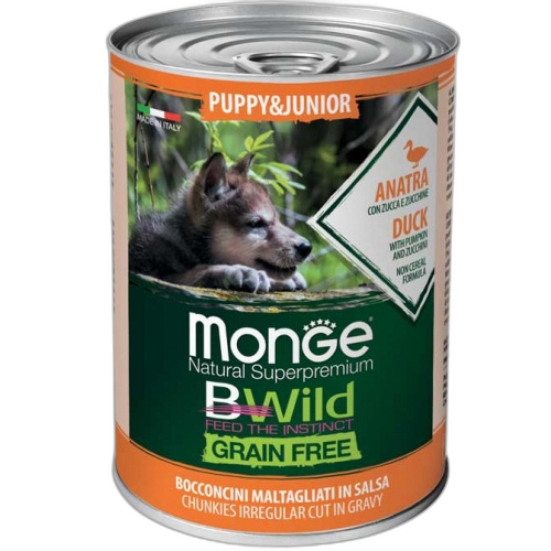 Monge BWILD Grain Free – Duck with Pumpkin and Zucchini – Puppy&JuniorКонсерва без зърно – Неправилно нарязани хапки в сос – Патица с тиква и тиквички – за подрастващи кученца от всички породи
