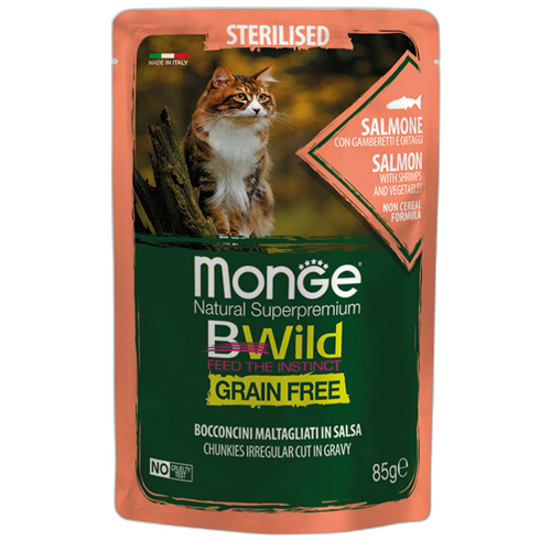 Monge Natural Superpremium BWild Grain Free Sterilised Cat Salmon with shrimps and vegetables