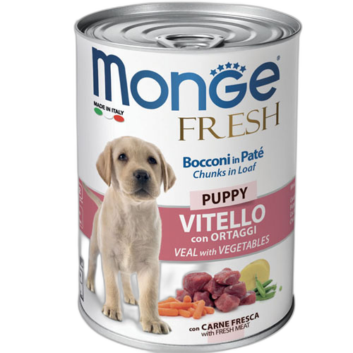 Monge Fresh Dog Puppy Chunks in Loaf with Veal and Vegetables – консерва с телешко и зеленчуци – хапки в пастет за подрастващи кученца