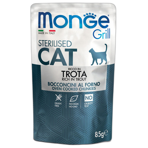 Monge Grill Sterilised Cat – Chinkies in Jelly – TroutПауч хапки в желе с пъстърва за кастрирани котки