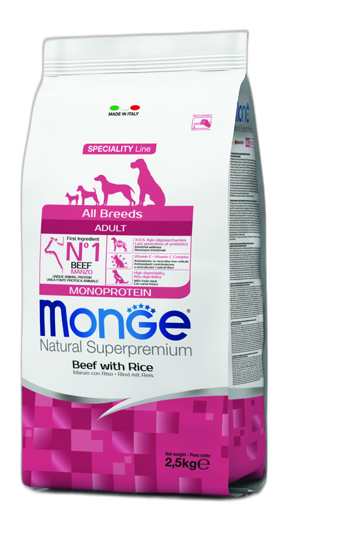 Monge Natural Superpremium All breeds Adult Monoprotein Beef with Rice - Пълноценна суха храна за кучета в зряла възраст от всички породи с телешко и ориз