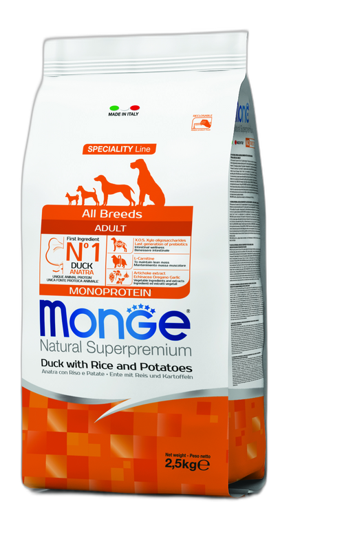 Monge Natural Superpremium All breeds Adult Monoprotein Duck with Rice and Potatoes - Пълноценна суха храна за кучета в зряла възраст от всички породи с патешко, ориз и картофи