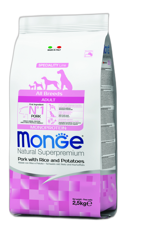 Monge Natural Superpremium All breeds Adult Monoprotein Pork with Rice and Potatoes - Пълноценна суха храна за кучета в зряла възраст от всички породи със свинско, ориз и картофи