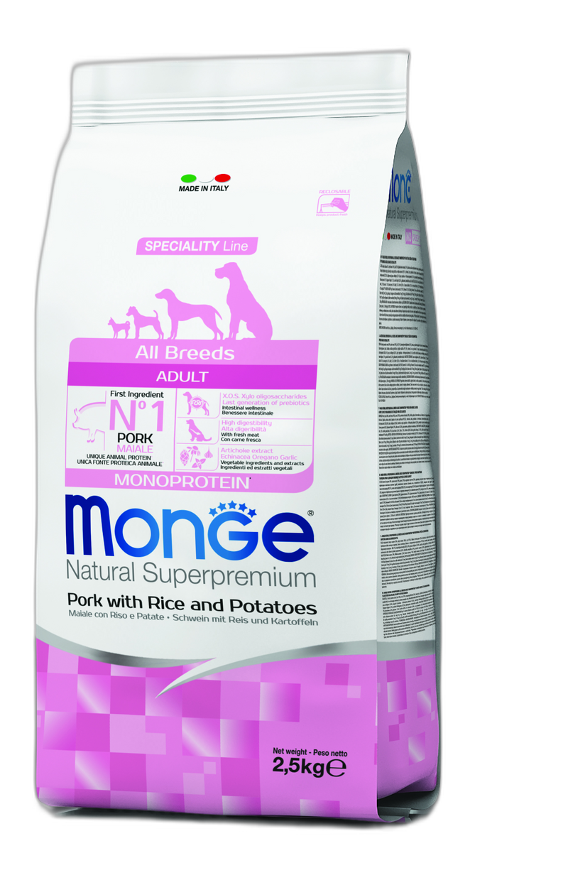 Monge Natural Superpremium All breeds Adult Monoprotein Pork with Rice and Potatoes - Пълноценна суха храна за кучета в зряла възраст от всички породи със свинско, ориз и картофи