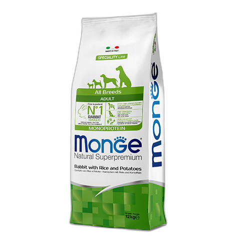 Monge Natural Superpremium All breeds Adult Monoprotein Rabbit with Rice and Potatoes - Пълноценна суха храна за кучета в зряла възраст от всички породи със заешко, ориз и картофи