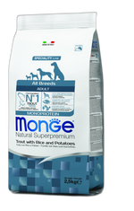 Monge Natural Superpremium All breeds Adult Monoprotein Trout with Rice and Potatoes - Пълноценна суха храна за кучета в зряла възраст от всички породи с пъстърва, ориз и картофи