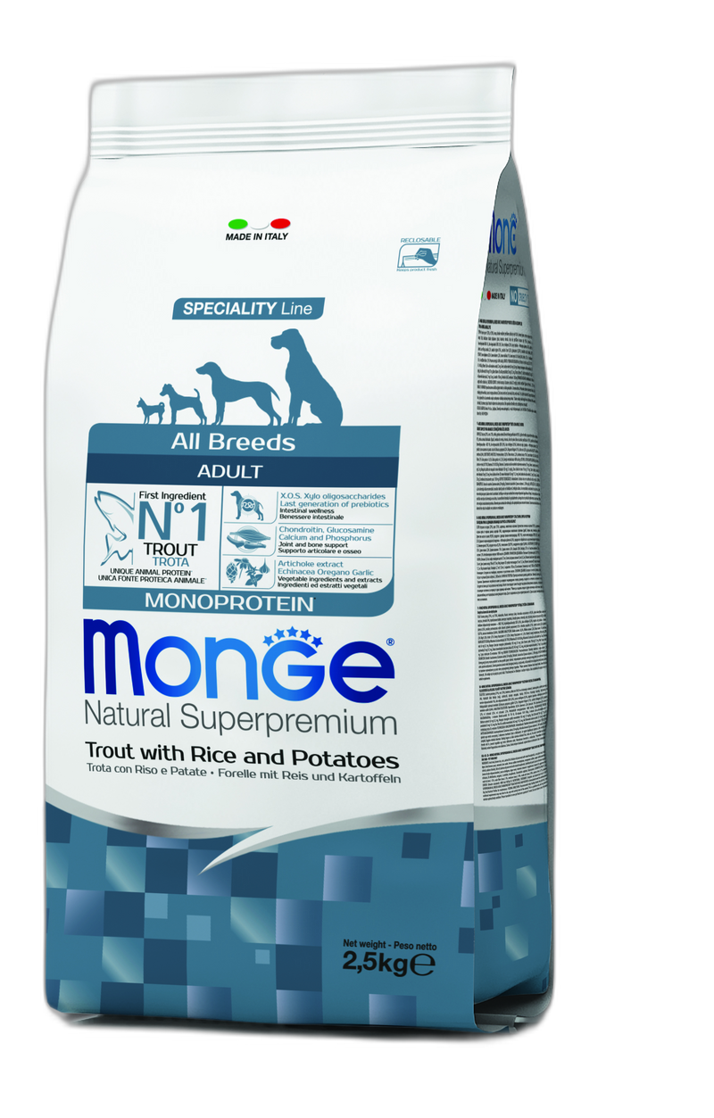 Monge Natural Superpremium All breeds Adult Monoprotein Trout with Rice and Potatoes - Пълноценна суха храна за кучета в зряла възраст от всички породи с пъстърва, ориз и картофи