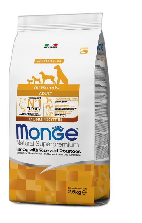 Monge Natural Superpremium All Breeds Adult Monoprotein Turkey with Rice and Potatoes - Пълноценна суха храна за кучета в зряла възраст от всички породи с пуешко, ориз и картофи