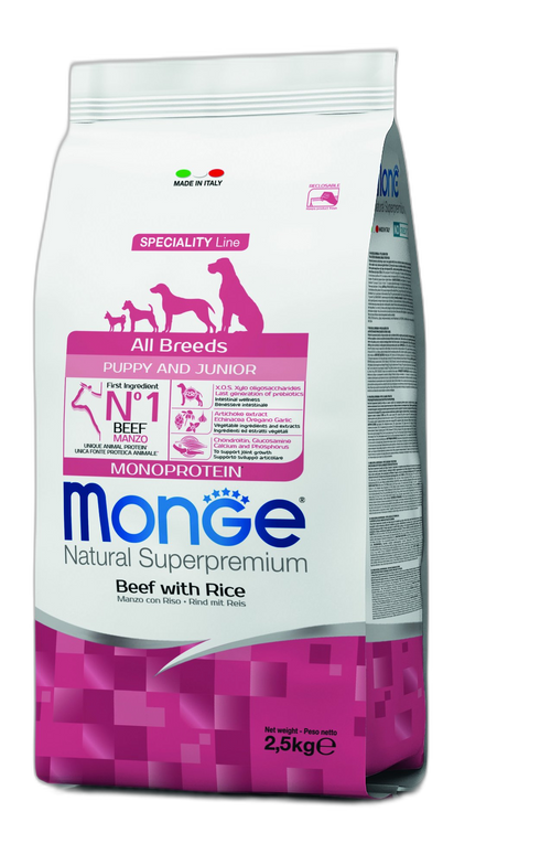 Monge Natural Superpremium All breeds Puppy and Junior Monoprotein Beef with Rice - Пълноценна суха храна за подрастващи кученца от всички породи с телешко и ориз