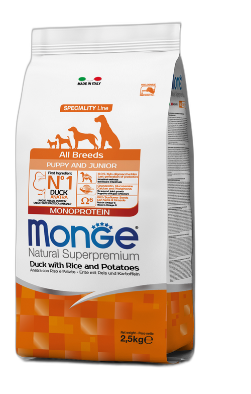 Monge Natural Superpremium All breeds Puppy and Junior Monoprotein Duck with Rice and Potatoes - Пълноценна суха храна за подрастващи кученца от всички породи с патешко, ориз и картофи