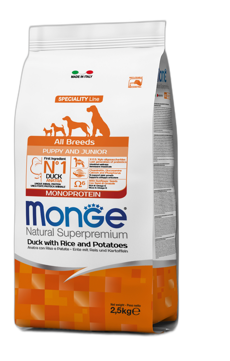 Monge Natural Superpremium All breeds Puppy and Junior Monoprotein Duck with Rice and Potatoes - Пълноценна суха храна за подрастващи кученца от всички породи с патешко, ориз и картофи
