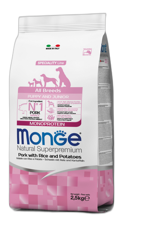 Monge Natural Superpremium All breeds Puppy and Junior Monoprotein Pork with Rice and Potatoes - Пълноценна суха храна за подрастващи кученца от всички породи със свинско, ориз и картофи