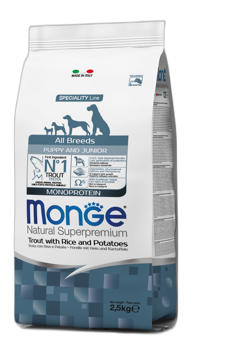 Monge Natural Superpremium All breeds Puppy and Junior Monoprotein Trout with Rice and Potatoes -  - Пълноценна суха храна за подрастващи кученца от всички породи с пъстърва, ориз и картофи