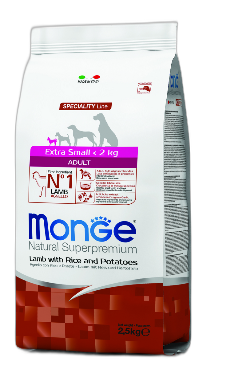 Monge Natural Superpremium Extra Small Adult Lamb with Rice and Potatoes - Пълноценна суха храна за кучета в зряла възраст от миниатюрните породи с агнешко, ориз и картофи