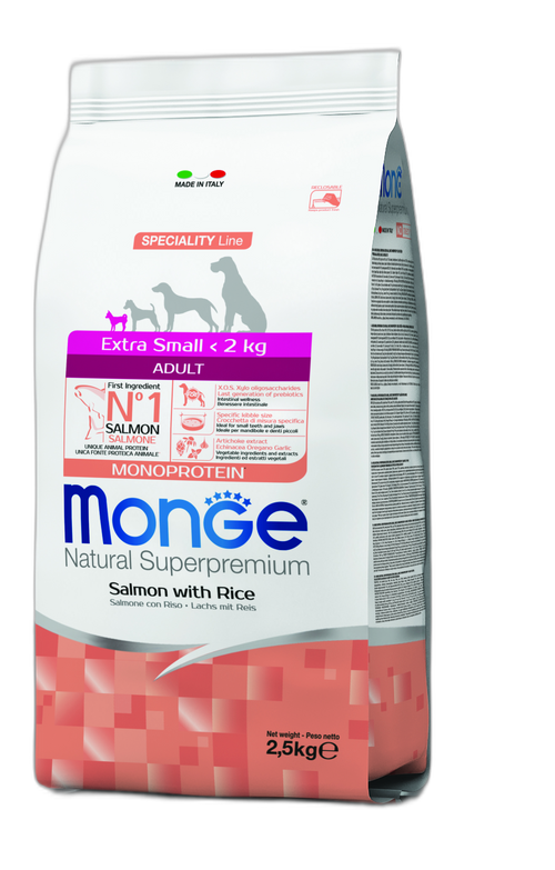 Monge Natural Superpremium Extra Small Adult Monoprotein Salmon with Rice - Пълноценна суха храна за кучета в зряла възраст от миниатюрните породи със сьомга и ориз