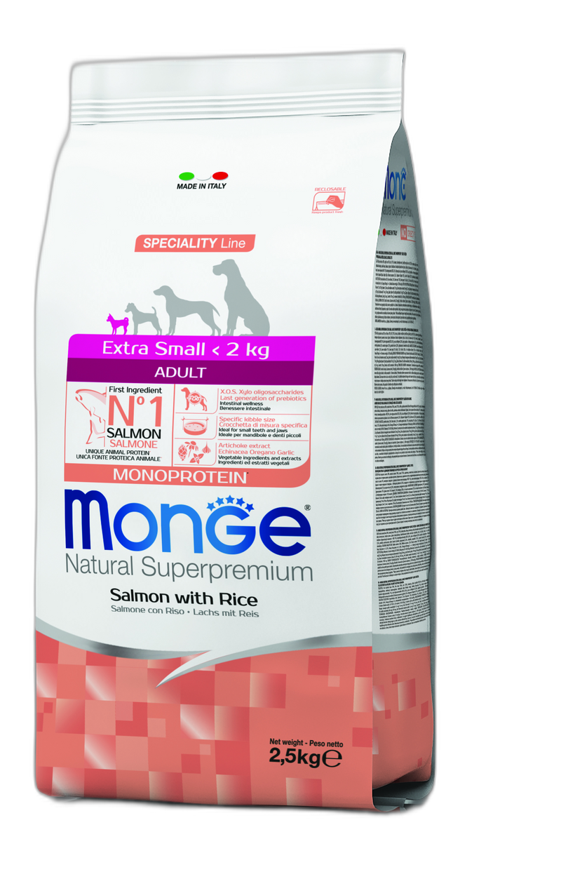 Monge Natural Superpremium Extra Small Adult Monoprotein Salmon with Rice - Пълноценна суха храна за кучета в зряла възраст от миниатюрните породи със сьомга и ориз