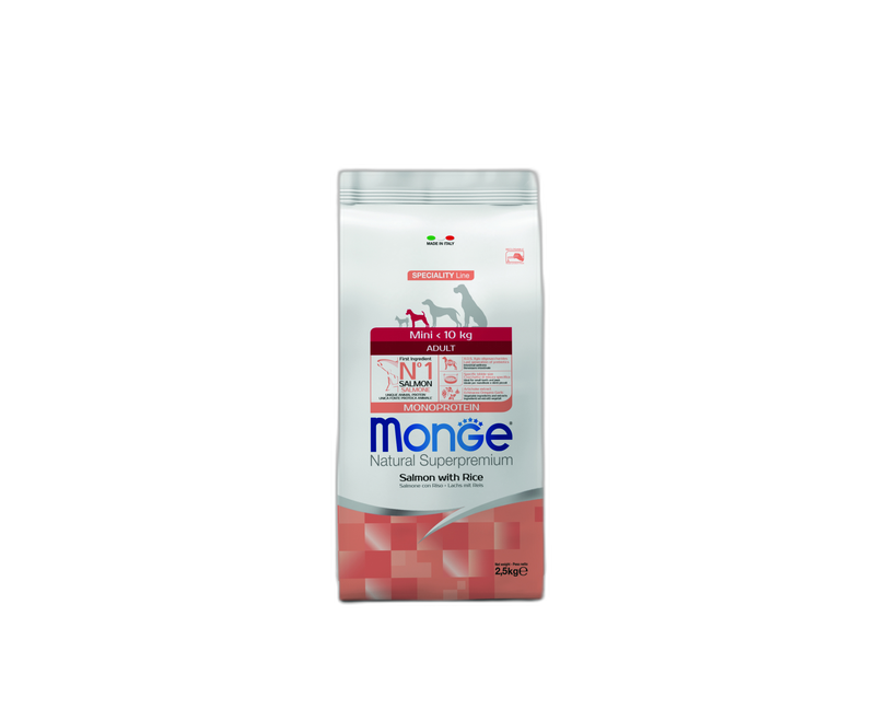 Monge Natural Superpremium Mini Adult Monoprotein Salmon with Rice - Пълноценна суха храна за кучета в зряла възраст от дребните породи със сьомга и ориз