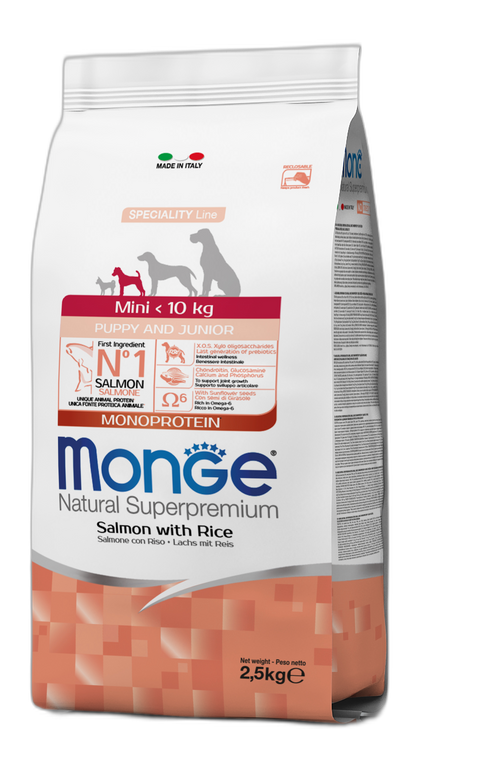 Monge Natural Superpremium Mini Puppy and Junior Monoprotein Salmon with Rice - Пълноценна суха храна за подрастващи кученца от дребните породи със сьомга и ориз