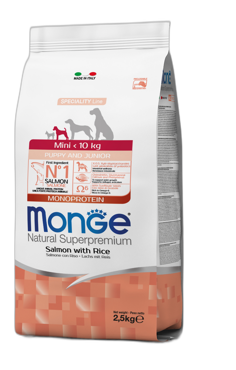 Monge Natural Superpremium Mini Puppy and Junior Monoprotein Salmon with Rice - Пълноценна суха храна за подрастващи кученца от дребните породи със сьомга и ориз