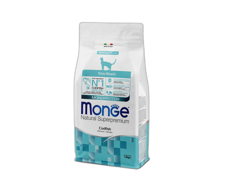Monge Natural Superpremium Monoprotein Sterilised Cat Codfish – суха храна за кастрирани котки