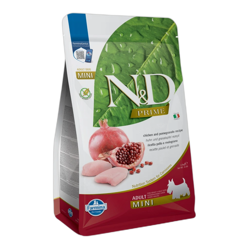 N&D Prime Chicken & Pomegranate Adult Mini - суха храна без зърнени култури за кучета в зряла възраст от дребни породи, 