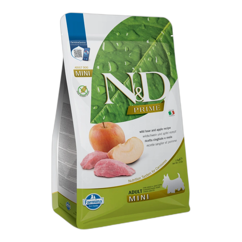 N&D Prime Wild Boar & Apple Adult Mini - суха храна без зърнени култури за кучета в зряла възраст от дребни породи, с гл