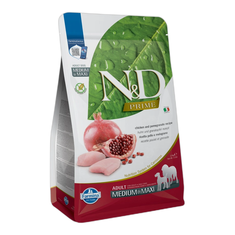 N&D Prime Chicken & Pomegranate Adult Medium & Maxi - суха храна без зърнени култури за кучета над 1 година от средни и 